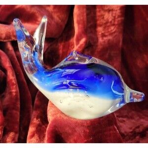 Art Glass Hand Blown Dolphin Cobalt Blue and Clear Figurine-3"x4"